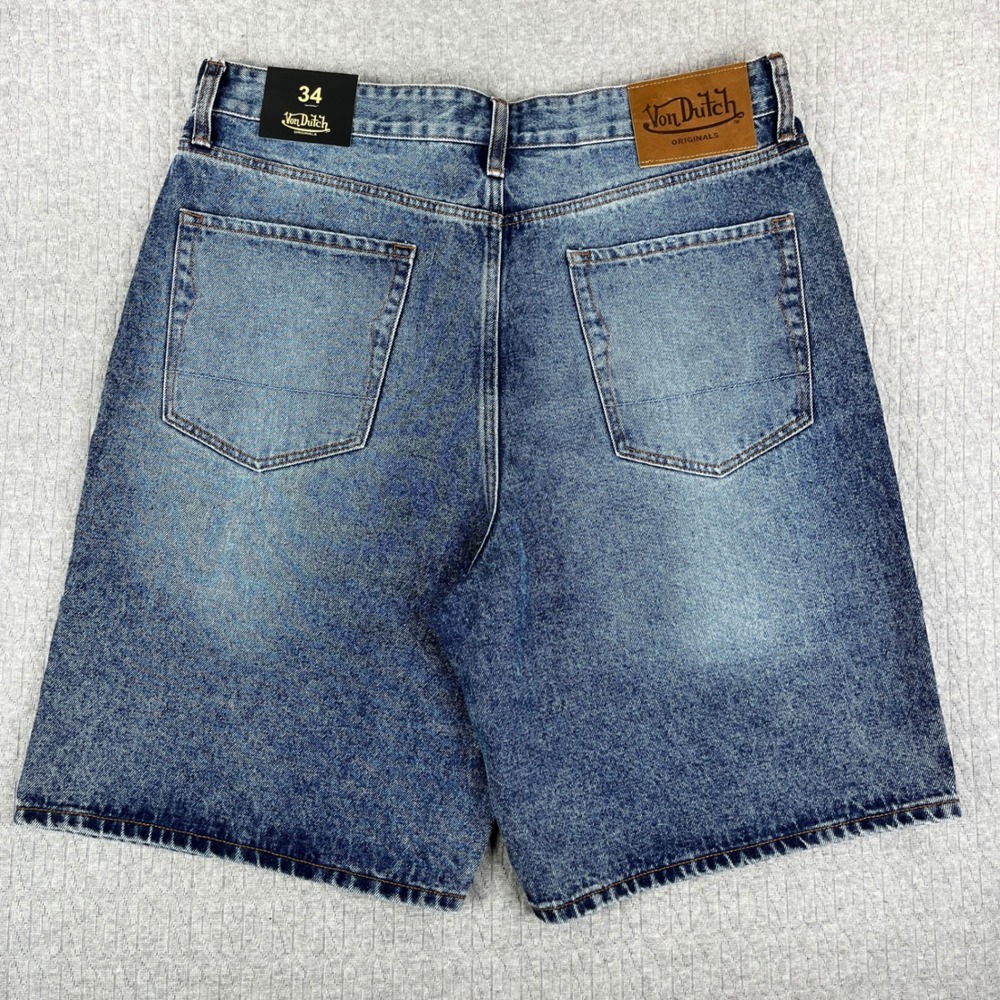 New Von Dutch Denim Shorts Men 34 Blue Originals Logo Patch Baggy Y2K Streetwear - Picture 6 of 14
